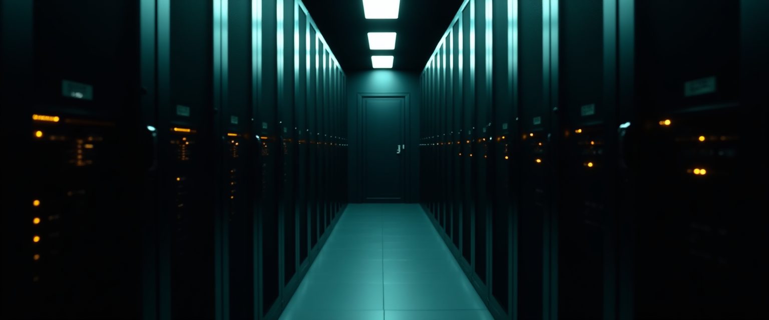 Pasillo de un centro de datos privado con racks apagados y una puerta cerrada al fondo.
