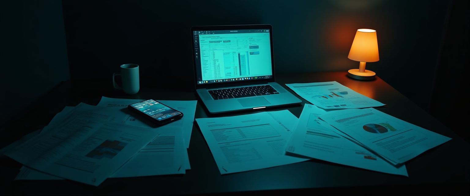 Escritorio de dirección de noche: reportes impresos, hoja de cálculo y mensajes, cada uno con una versión distinta de la empresa.